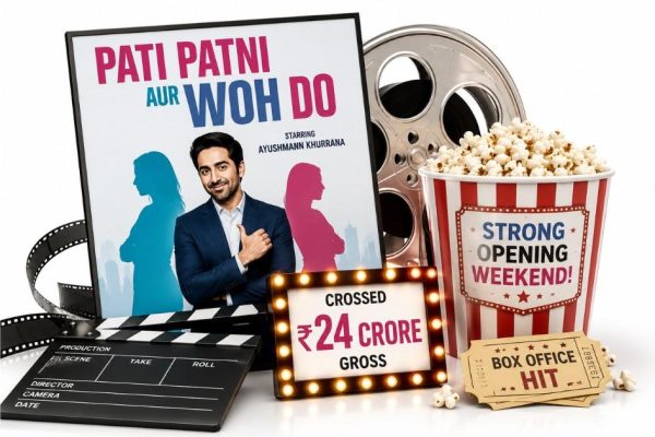 Pati Patni Aur Woh Do inspired editorial illustration featuring film reel, popcorn bucket and Bollywood cinema elements on white background